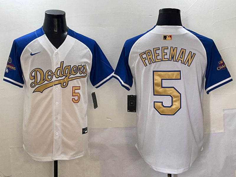 Men Los Angeles Dodgers #5 Freeman White Blue Gold Game 2025 Nike MLB Jersey style 1